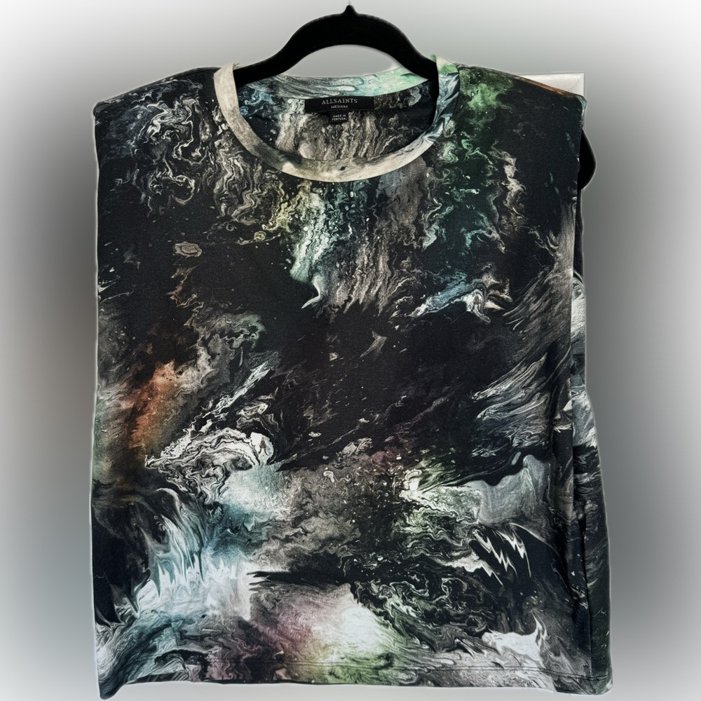 ALL SAINTS 100% organic cotton printed top w/shoulder pads
